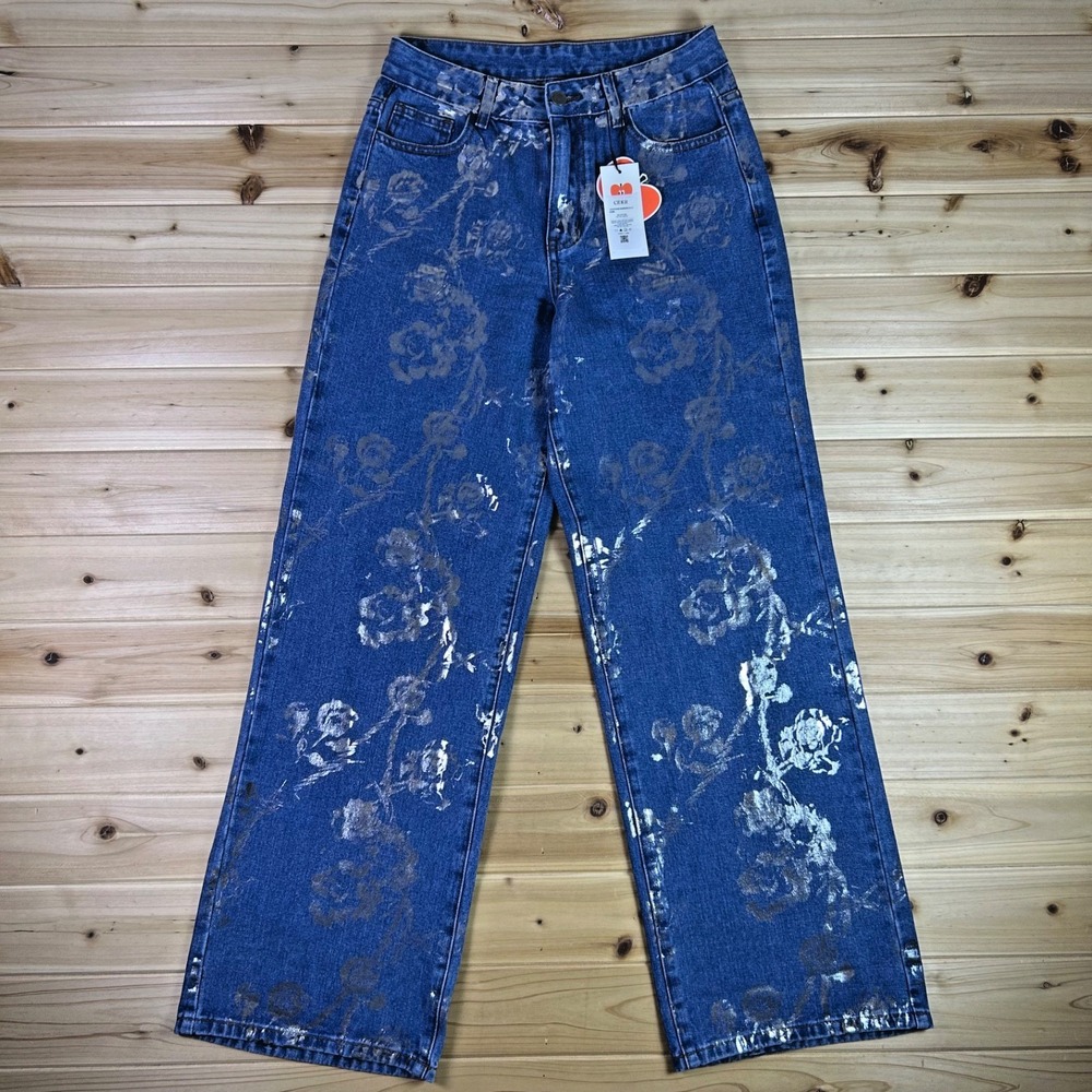 NEW Cider Jeans Womens S Wide Leg Metallic Floral Embellished High Rise Denim